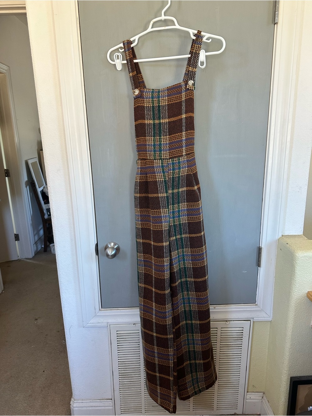 Cider TWEED PLAID BUTTON UP WIDE LEG JUMPSUIT